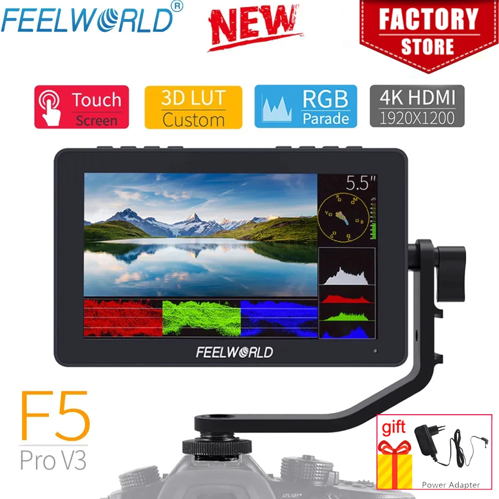 Feelworld F5 Pro V3 5.5 Pollici 3D Lut Touch Screen Dslr Monitor Da Campo Telecamera 4K Uscita Ingresso Hdmi Trasmissione Wireless Luce Led