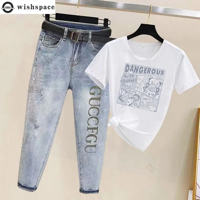Spring/Summer 2023 New Letter Loose Slim Small Feet Haren Pants+Fashion Korean Short Sleeve T-shirt Jeans Two Piece Set