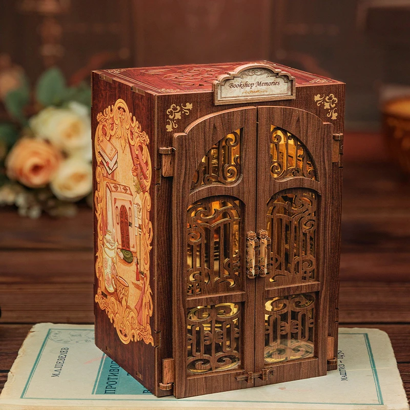 CUTEBEE DIY Book Nook Library Wooden Dollhouse with Light Bookstore Bookshelf Insert Decor for Birthday Gift Bookshop Memories 4