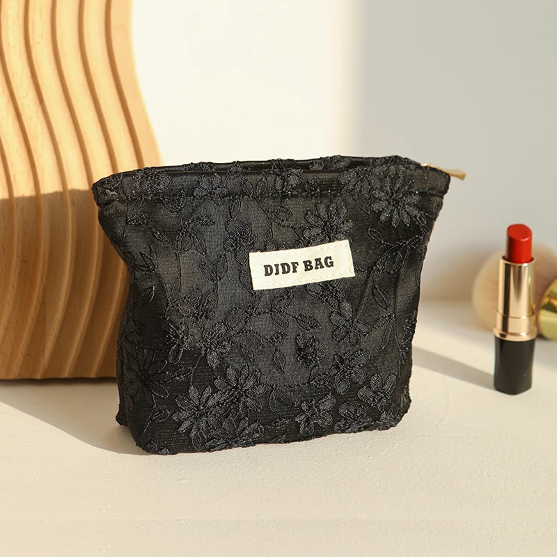 Black embroidery women's makeup bag, portable small makeup change storage bag, travel card case, key case, inner tank bag 3