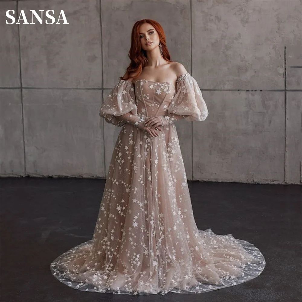 

Sansa Mysterious Side Split فساتين السهرة Sexy Off Shoulder Prom Dress Star A-line فساتين سهره فاخره Champagne Vestidos De Noche