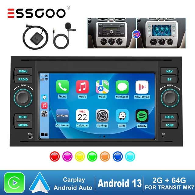 ESSGOO Carplay Car Stereo Android 13 Auto For Ford Focus MK2 Transit MK7 Fiesta Fusion Kuga C/S-Max Galaxy 2+64G GPS NAVI RDS BT