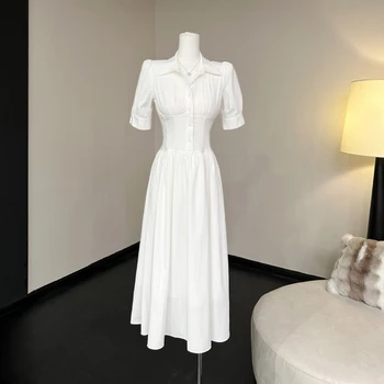 Fashion Temperament Simplicity Elegant Dress Women's Summer New Polo Neck Short Sleeve Small Fresh White A-Line Long Skirt