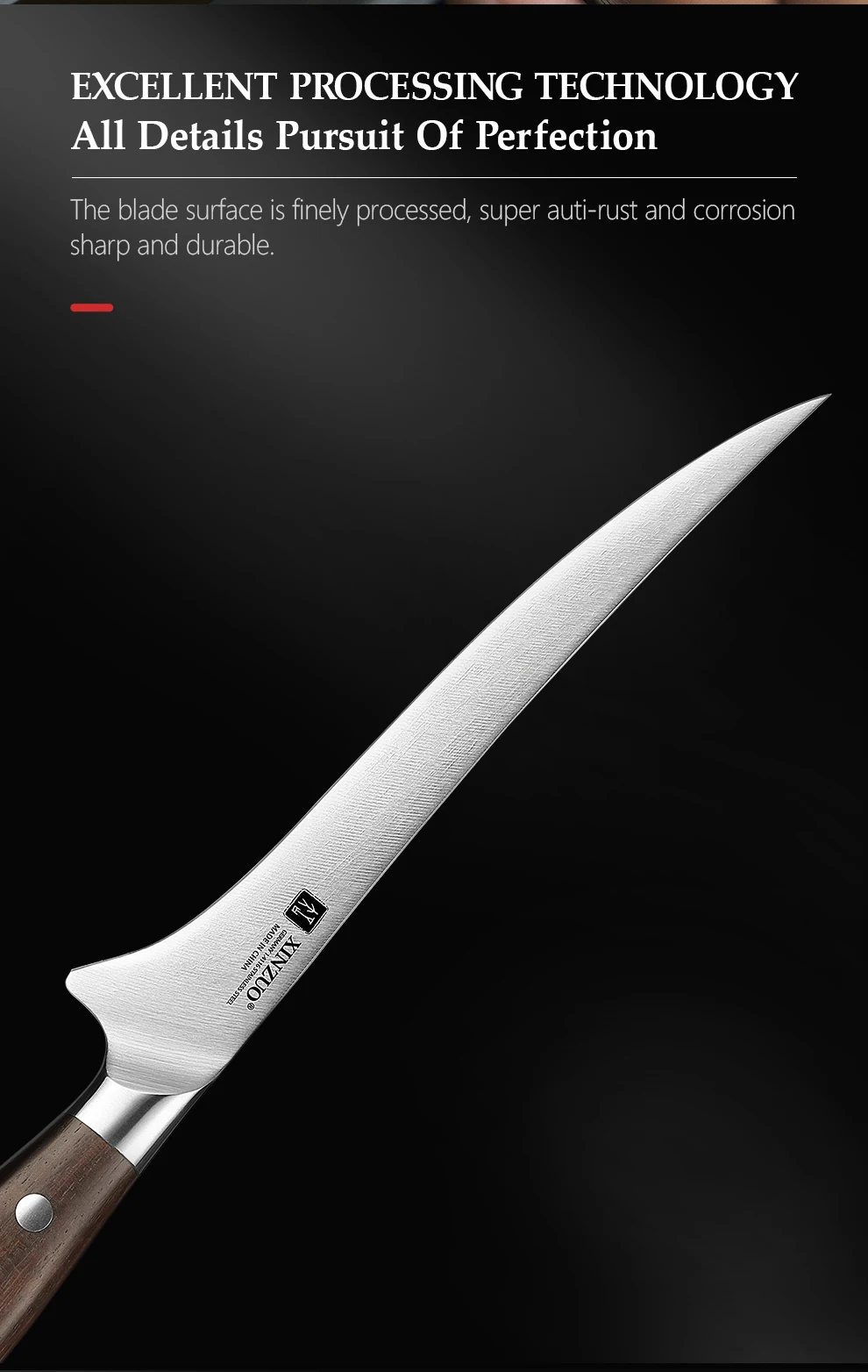 XINZUO 7-Zoll-Filetmesser Din 1.4116 Stahl Roter Sandelholzgriff Auti-Rost- und Korrosions-Fischmesser Sashimi-Messer Ultrascharf – Detail 7