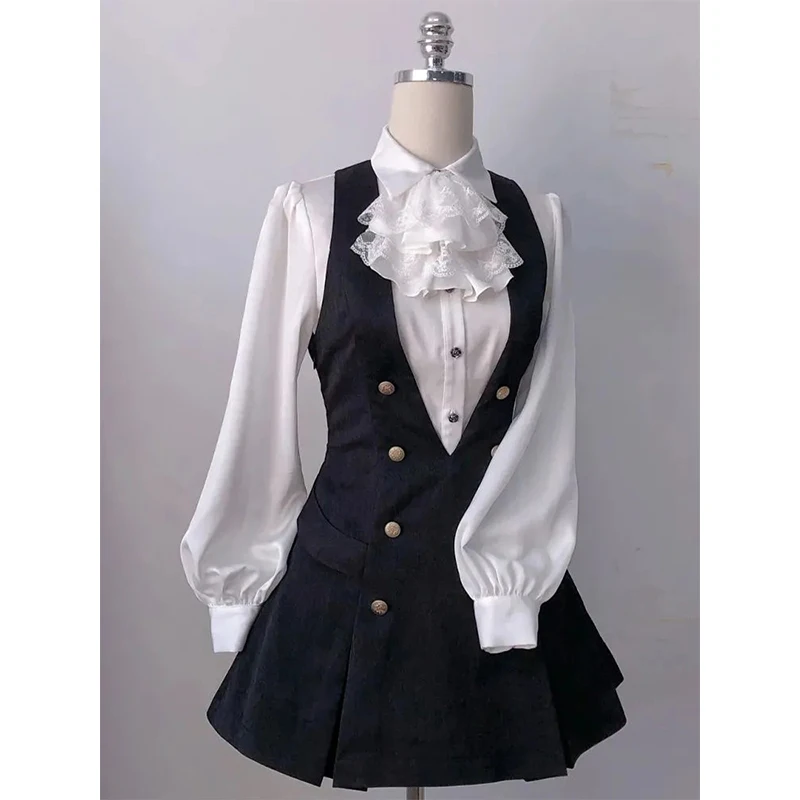 Women's College Sle Slimming Dr Set White irt Double Button Autumn Faion Two-Piece Suit Casual Busin Lady Outfits