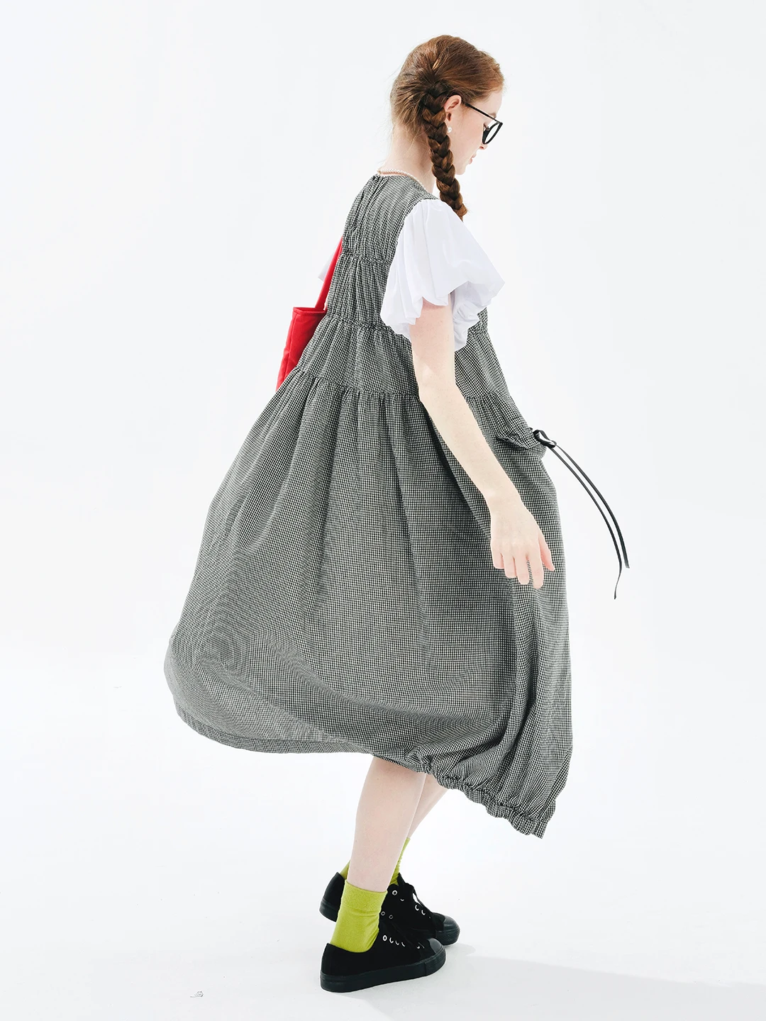 IMAKOKONI original design short sleeved plaid patchwork round neck pullover strap bow dress for women 244654 2