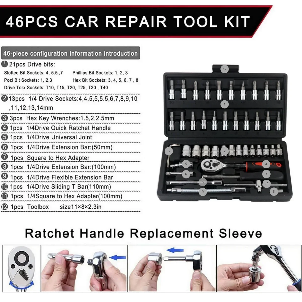 46pcs 1/4 Inch Drive Socket Set Ratchet Wrench Set Car Tool Kit, Bit Socket Wrench Set Metric Mechanic Tool Set Car accessories_voghion.com