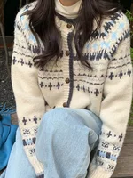 Ele Retro Knitted Open Cardigan Women's Autumn Winter Thiened Loose Fair Isle Sweater Coat round Ne Single Button