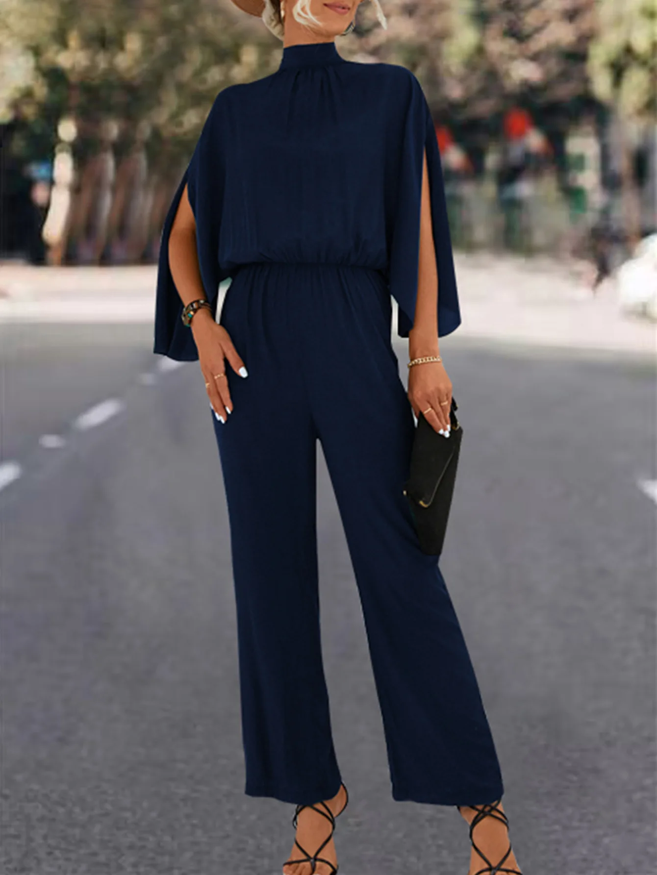 

Elegant Women's Solid Color High Neck Jumpsuits Autumn/Winter Fashion Split Bat Sleeve Jumpsuit Office Lady Casual Clothing S-XL