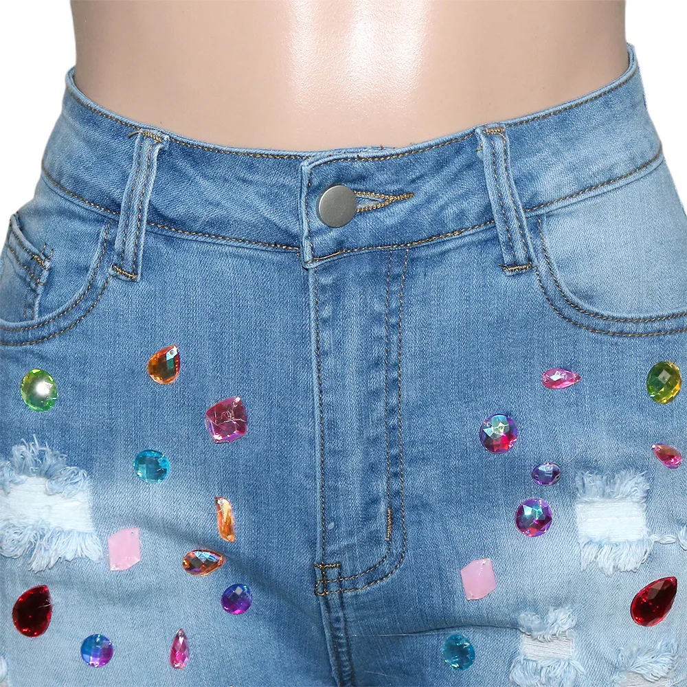 Summer Women Fashion Trend Fringe Buff Denim Shorts Color Diamond Jeans Middle Metropolis Casual Waist Straight Leg Shorts