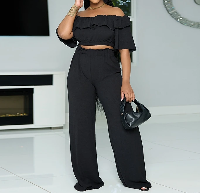 Women's Pants Set 2024 Summer Latest Fresh Sweet Solid Color Elegance One Shoulder Lotus Leaf Edge Short Top Wide Leg Pants Set