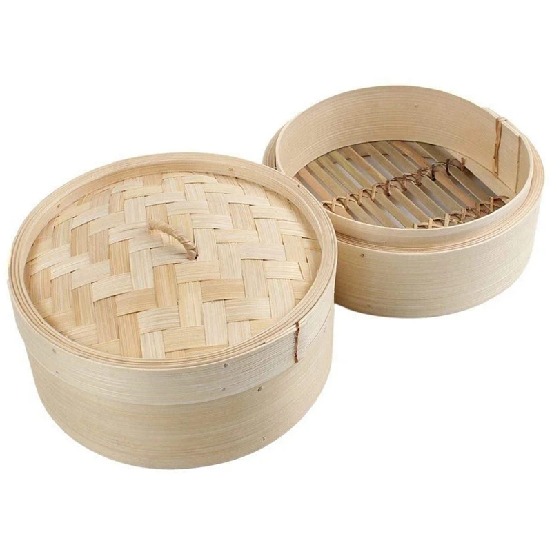 

2X Bamboo Steamer 2 Tier 8 Inch Dim Sum Basket Rice Pasta Cooker Set With Lid By Steam Basket For Vegetables