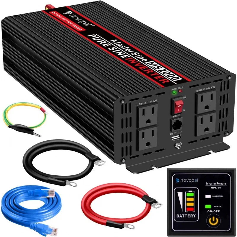 

Novopal Power Inverter Pure Sine Wave 2000 Watt 12V DC to 110V/120V AC Converter- 4 AC Outlets Car Inverters with One USB Port,1