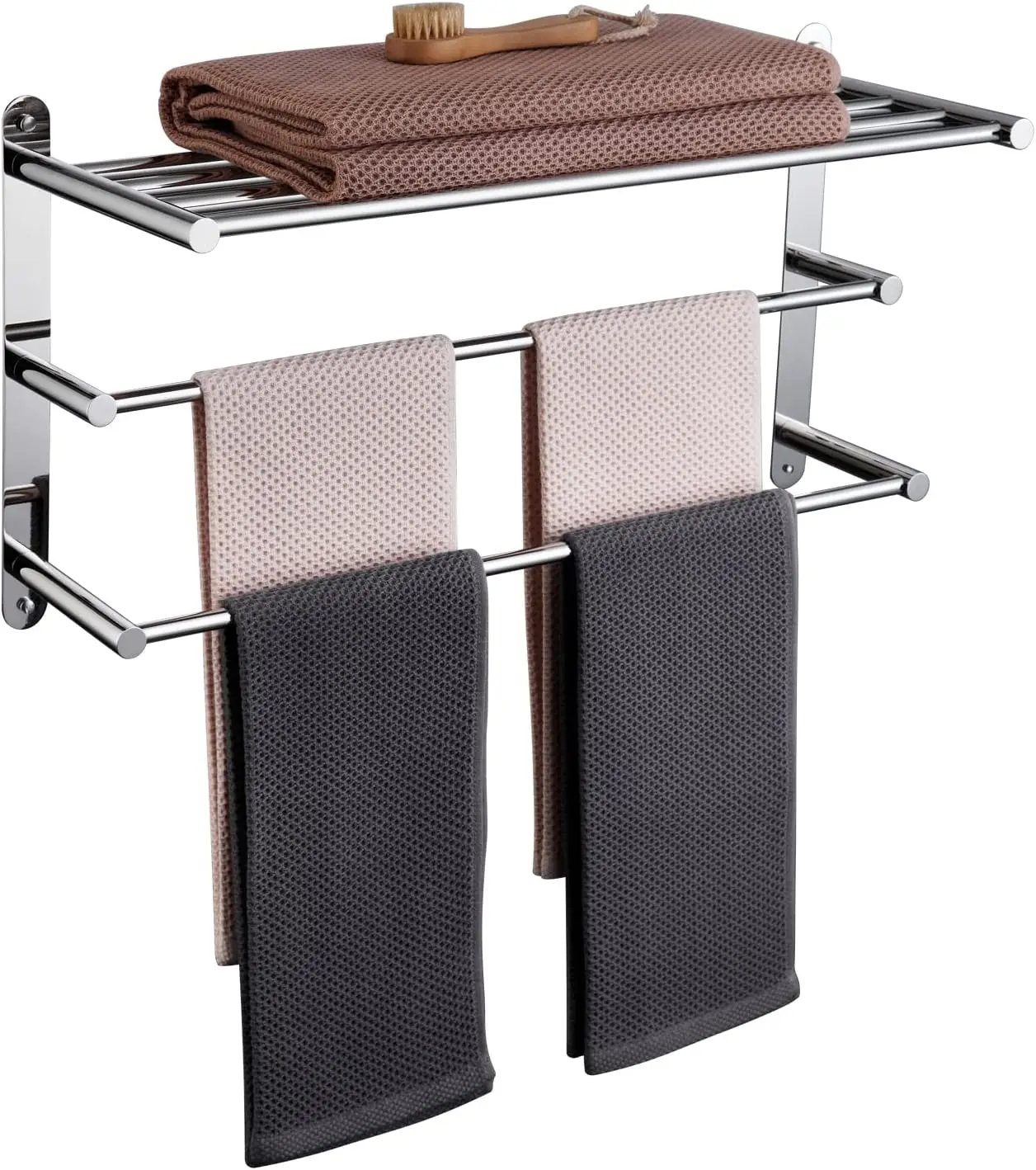 Storage Organizer Shelf Wall Mounted Double Towel bar with Shelf Bathroom Towel Rack Double Rack, Polished Chrome, B5003CH
