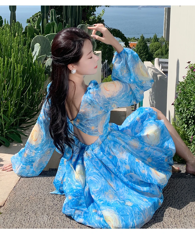 Elegant Printed Short Dresses for Women Backless Holiday Beach Style Lantern Sleeves A-line Floral Mini One Piece Vestido Mujer