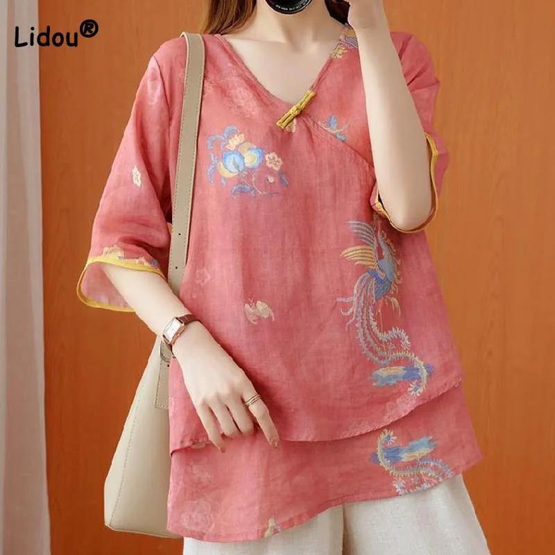 

Женская Повседневная винтажная блузка с V-образным вырезом и принтом, модная летняя женская одежда, свободная универсальная Лоскутная рубашка с рукавом до локтя