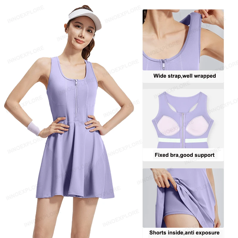 Women One Piece Dress Half Zipper Tennis Skirt Running Fitness Frock Women Casual Workout Badminton Dress Sports Skorts
