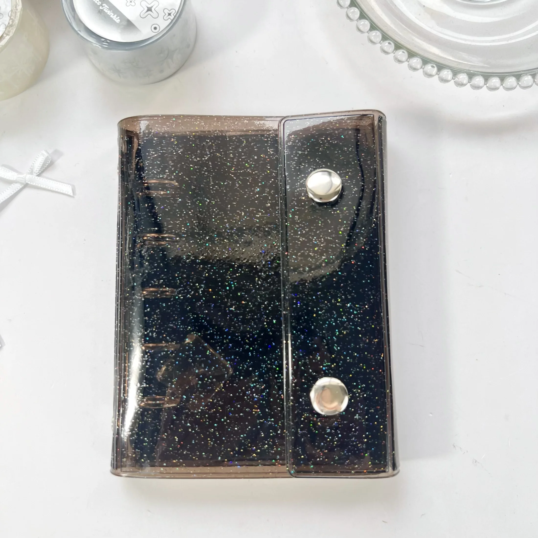 Glitter Pink & Black Transparent Binder Cover for Journals and Sketchbooks