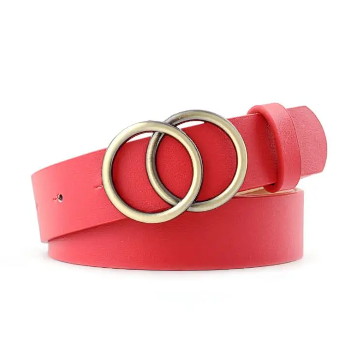 Red Double Ring PU Metal Buckle Waist Belt