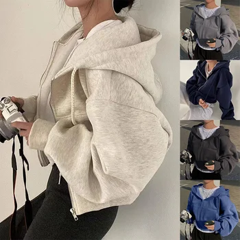 2024 Spring Autumn New Insfleece-lined Versatile Cropped Slims Smooths Silhouette Zip-up Warm Navy Blue Hooded Sweatshirt Women 1