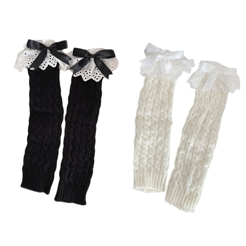 

Calf Socks for Women Student Twist Knitted Ruffled Lace Bowknot Leg Warmers