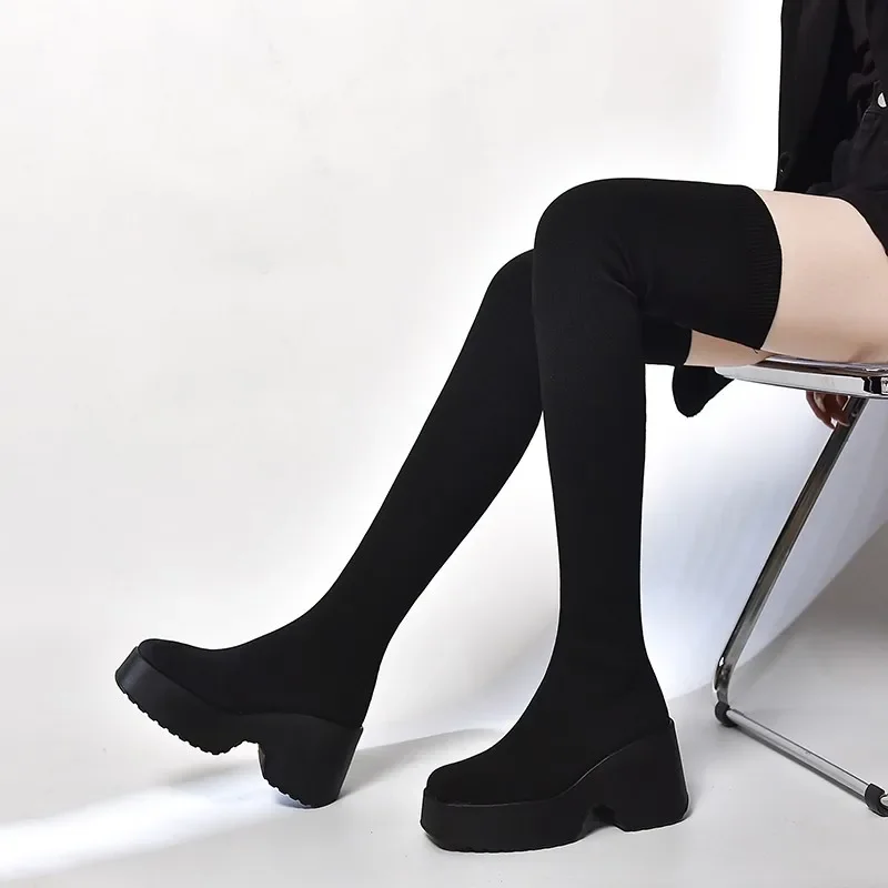 Women's Shoes on Sale Fashion Sleeve Women's Boots Winter Round Toe Solid High Tube Platform Long Boots Zapatos Mujer
