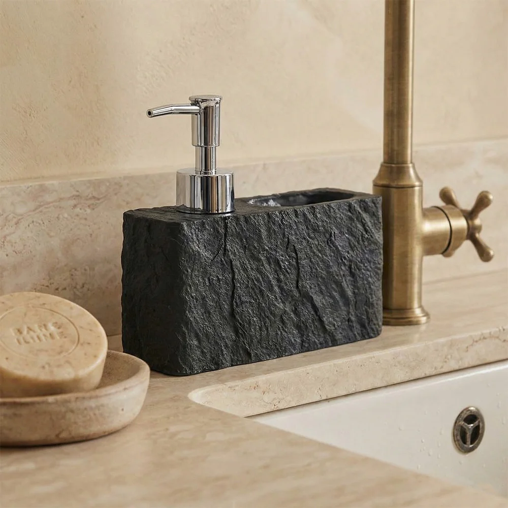 Kitchen Soap Dispenser with Sponge Holder, 2-in-1 Resin Stone Texture Dish Soap Pump and Caddy Organizer for Kitchen 1