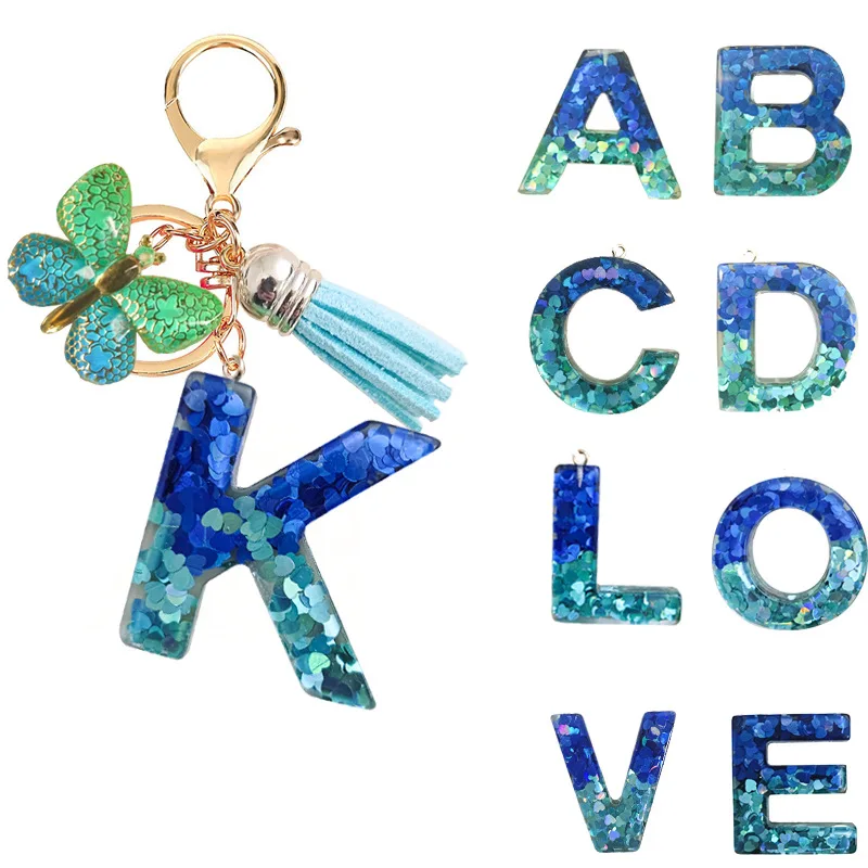 2026 A-Z Fashion Cyan-Blue Sequin Letters Keychain for Women Tassel ...