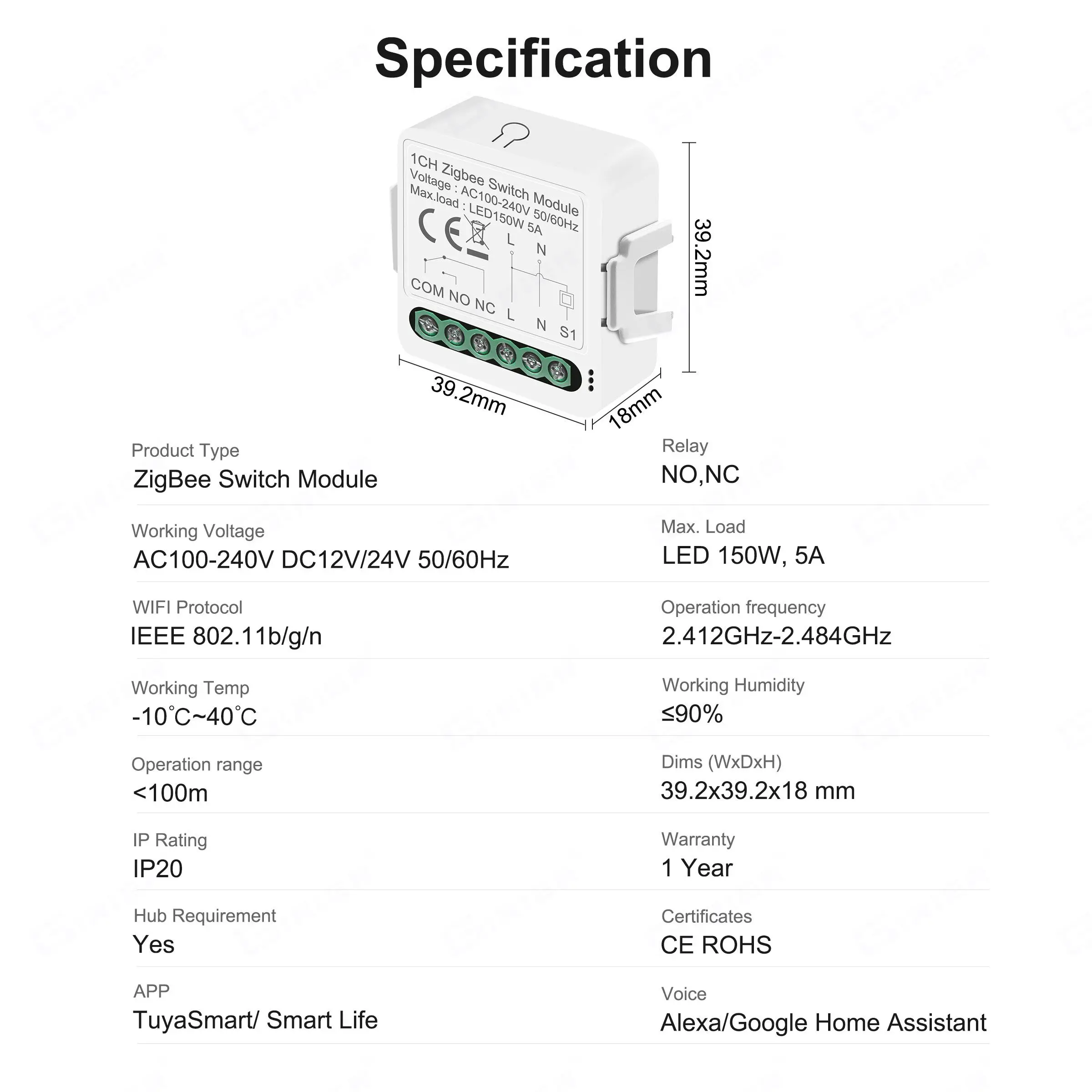 GIRIER 스마트 ZigBee 스위치 모듈 건식 접점 5A 범용 차단기 릴레이 DC 12/24V AC 100-240V Alexa Alice Hey Google과 함께 작동