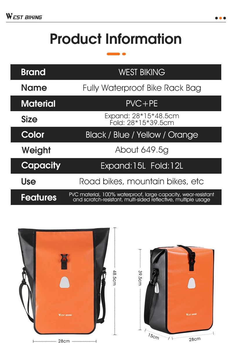 Description Picture 3 of itemWEST BIKING 12-15L Fully Waterproof Bike Rack Bag Multifunctional Three-dimensional Bicycle Rear Seats Pack Cycling Shoulder Bag