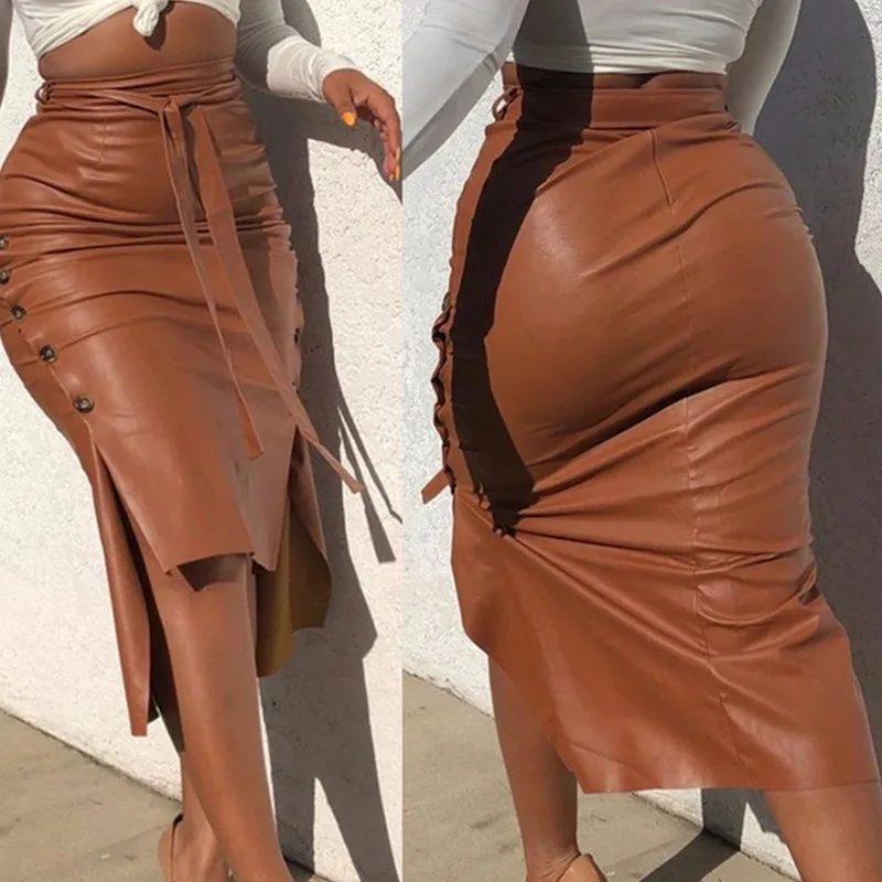 

Fashion Sexy High Waist PU Leather Women Elegant Skirts Sashes Button Pencil Mini Length Spring Autumn Winter Khaki