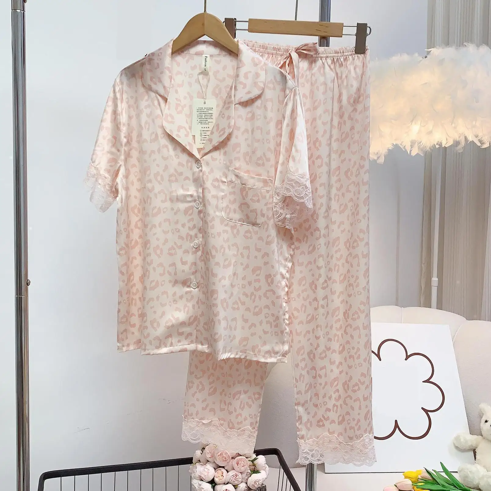 

Lace Short Sleeve Pajamas Set Women Sleepwear Homewear Summer Satin Nightwear Lingerie 2Pcs Casual Femme Pyjamas Sleep Suit