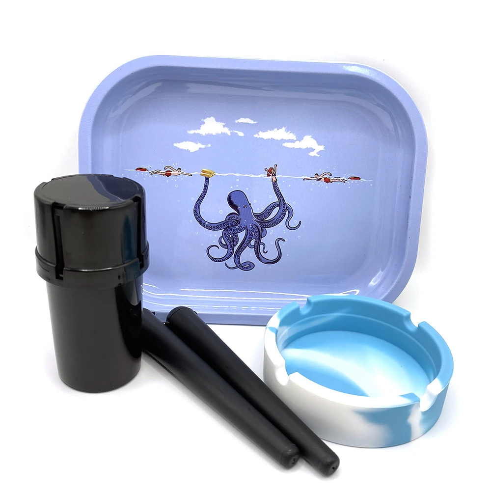 Tobacco Metal Rolling Tray Cigarette Plastic Grass Grinder Storage Tube Container Silicone Round Ashtray Smoking Set 4