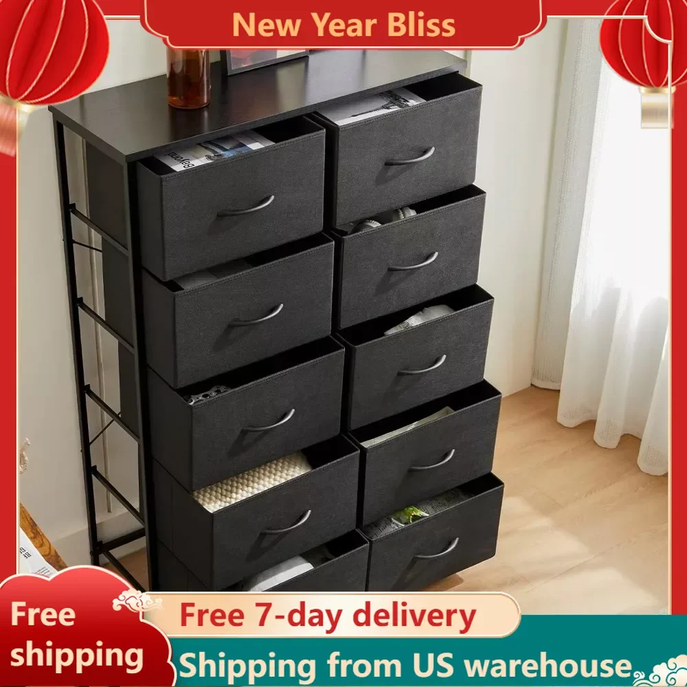 

Dresser for Bedroom, Tall Storage Drawers, Fabric Storage Tower with 10 Drawers, Chest of Drawers with Fabric Bins