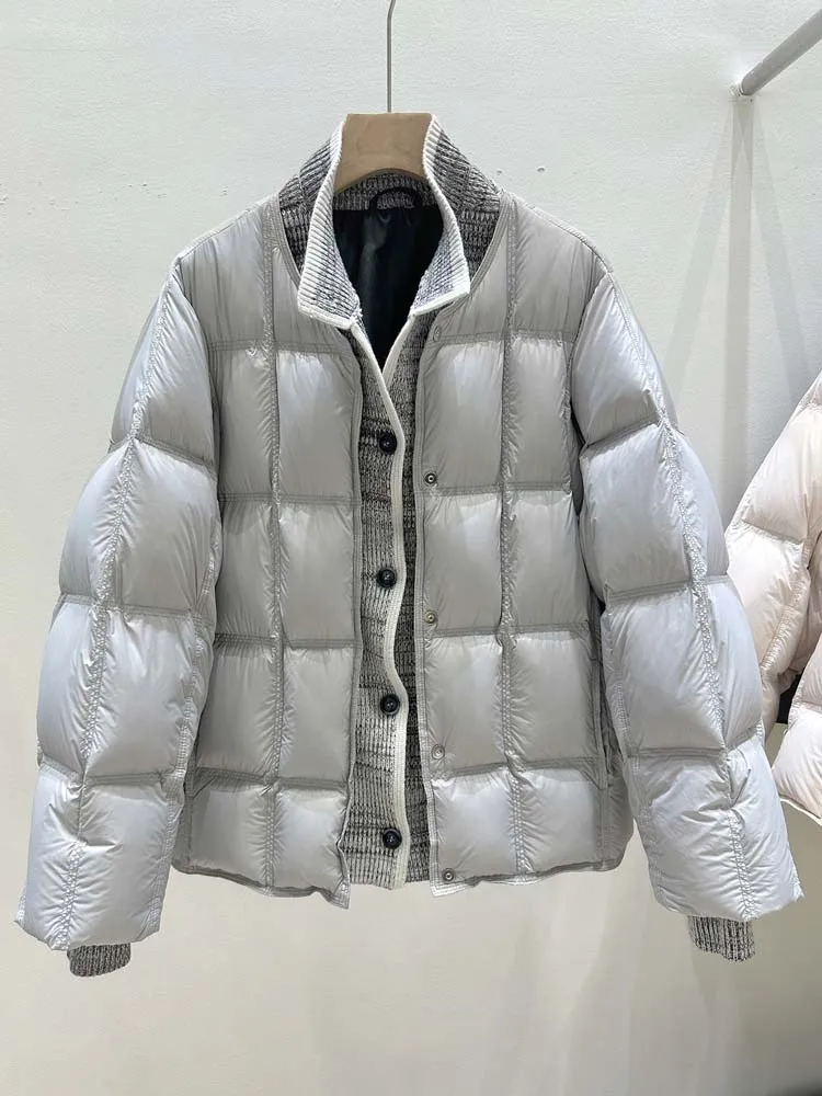 Luxury Knit patchwork down jacket for women 2026 Winter Thick warm turtleneck long sleeve puffer coat Korean style INKEO DJ668