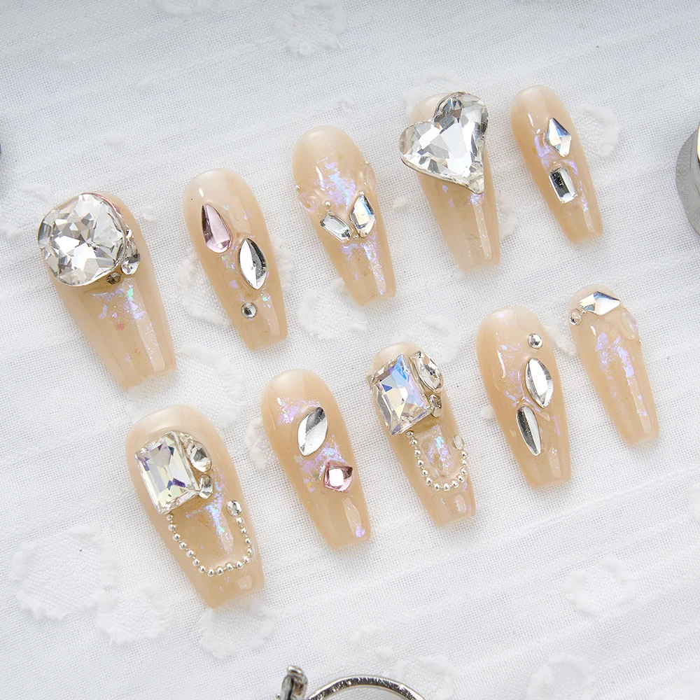 

Handmade Nails with Diamond Nude Temperament Decorated Fake Nails with Glue Long Press on False Nail Tips Nail Art