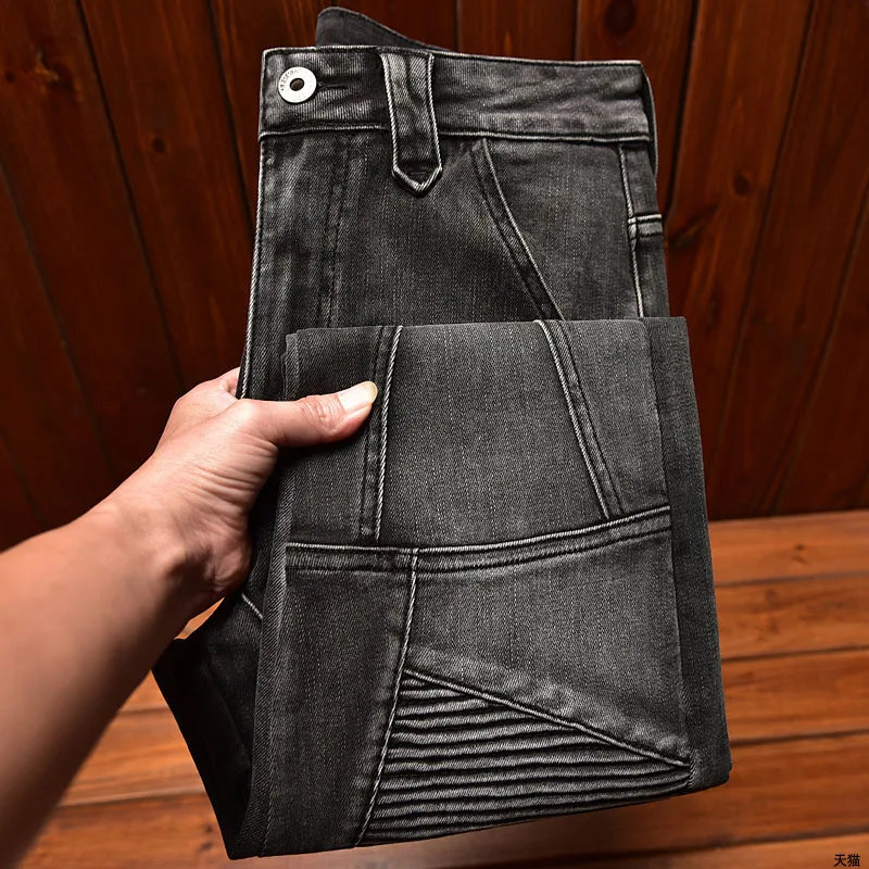 Motorcycle Jeans Black and Gray for Men 2024 Fashion Rock Skinny Pants Personality Stitching Vintage Men's Skinny Trousers