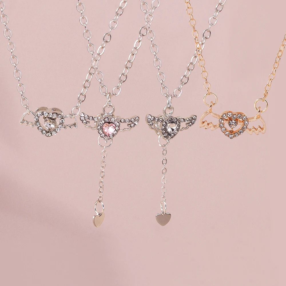 Aihua Kristall Engelsflügel Herz Anhänger Halsketten Damen Mädchen Einfache Y2K Rosa Weiß Zirkon Liebe Elegante Halskette Geburtstag Jewerly