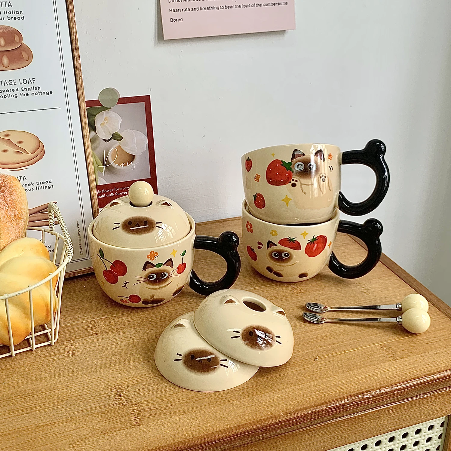 Cute Siamese  Cerc Mugs with Lid Spoon Office Coffee Breakfast Cup Birthday Gift for Women Home Use 380ml Capaci