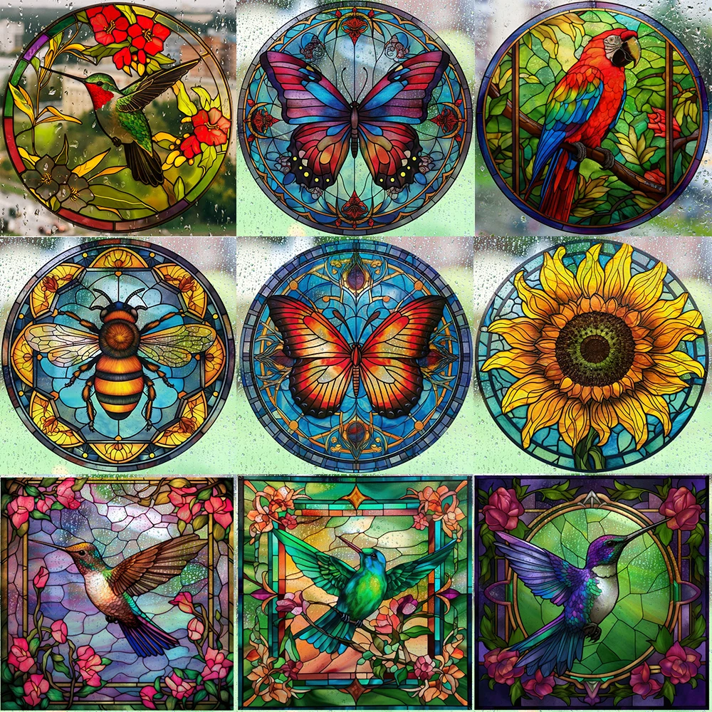 Retro Colorful Stained Hummingbird Butterfly Flower Window Glass Electrostatic Stickers Removable Anti-collision Decorative Film