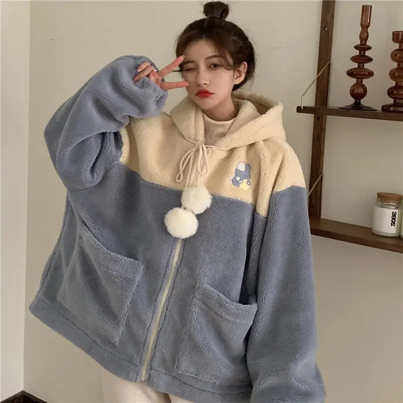 MINGLIUSILI Cartoon Print Kawaii Hoodie Autumn and Winter Fashion Plus  Velvet Pullover Women Cute Oversize Pink Anime Clothes