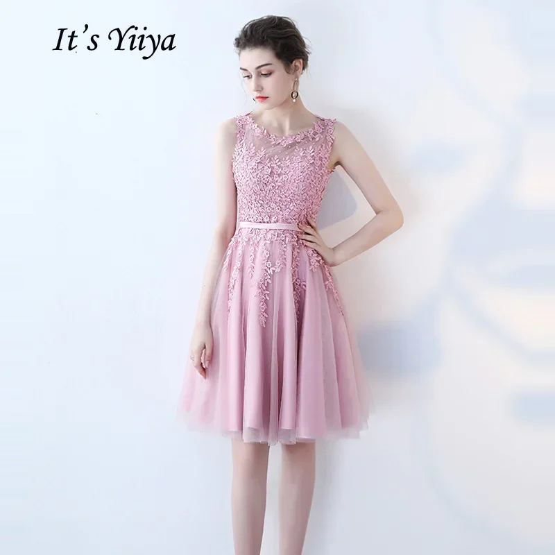 It's YiiYa Cocktail Dress Appliques Beading Pink Illusion Back A-line Knee Length Plus size Women Formal Party Gowns