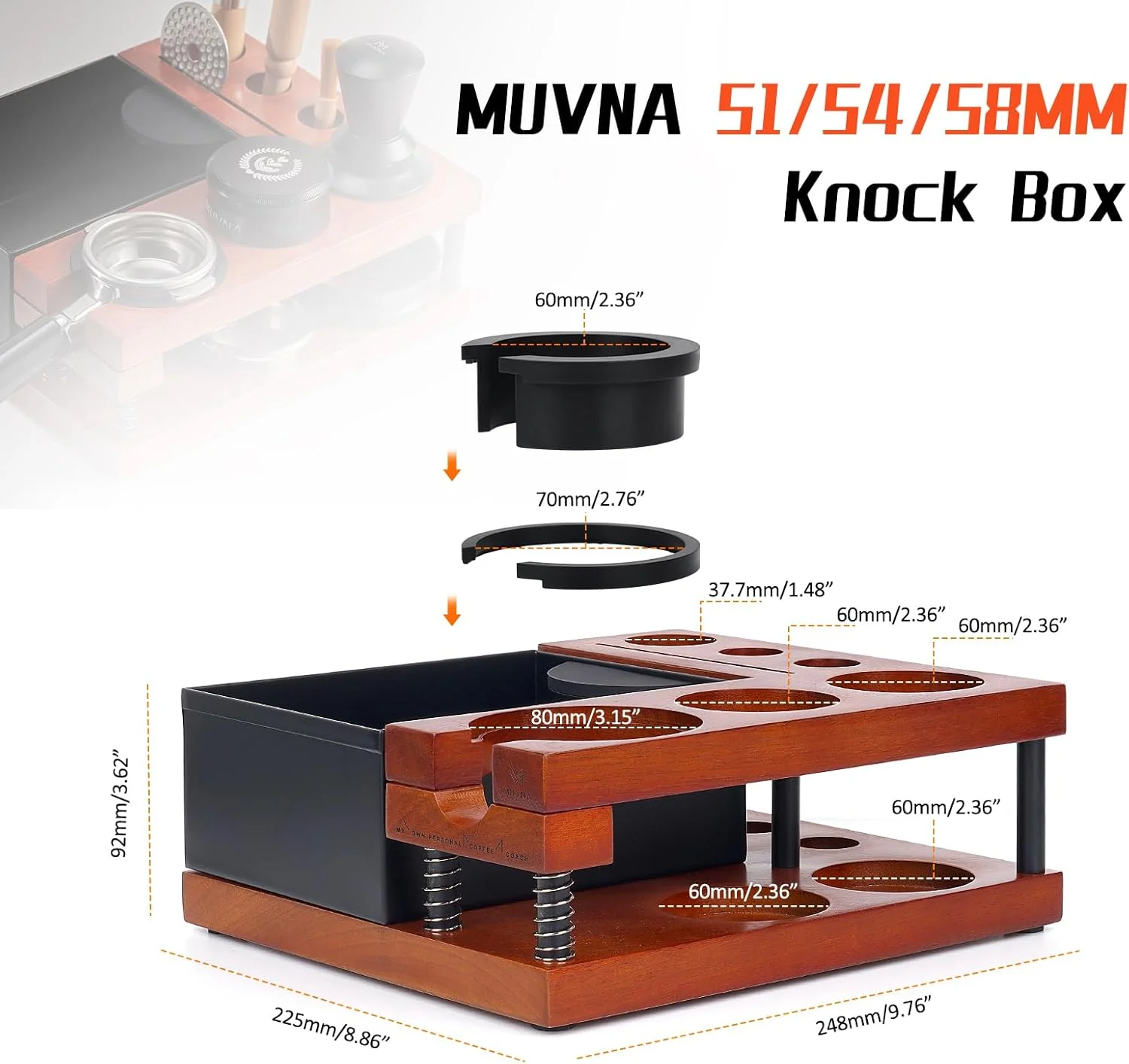 Espresso Knock Box with Tamping Station 3-in-1 Coffee Organizer for 51
