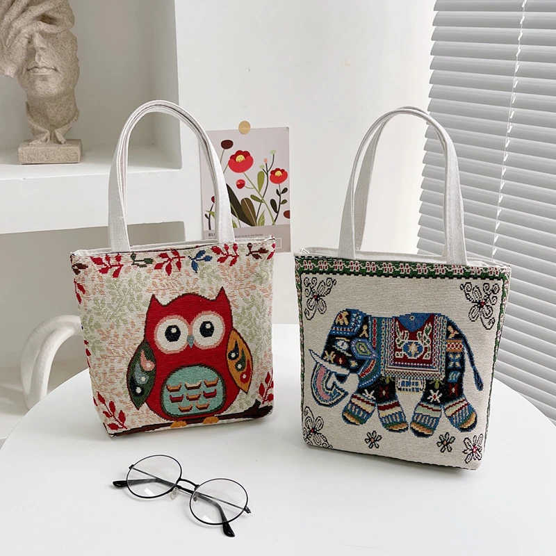 

Women's Embroidered Handbag Animal Print Canvas Bag Vintage Top-Handle Bags Female Fashion Casual Tote Bag Purse Bolsas De Mujer
