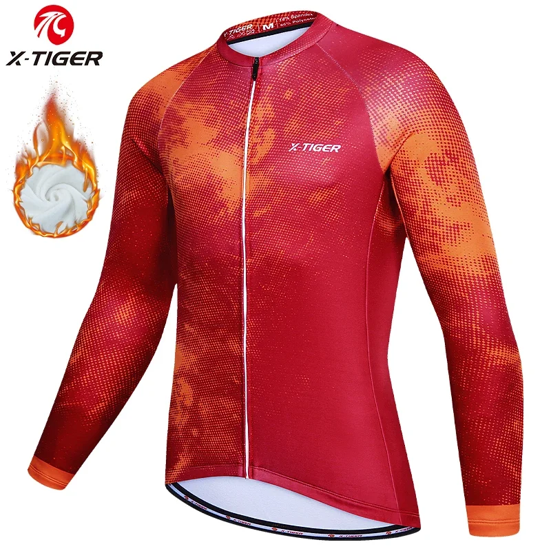 X-TIGER Men's Cycling Jersey Red Winter Thermal Long Sleeve