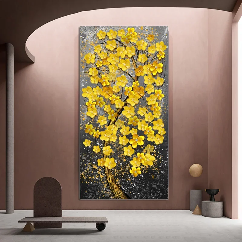 

Modern Oil Painting Printed on Canvas Golden Yellow Rich Tree Flower Plant Art Posters and Prints Wall Picture for Living Room