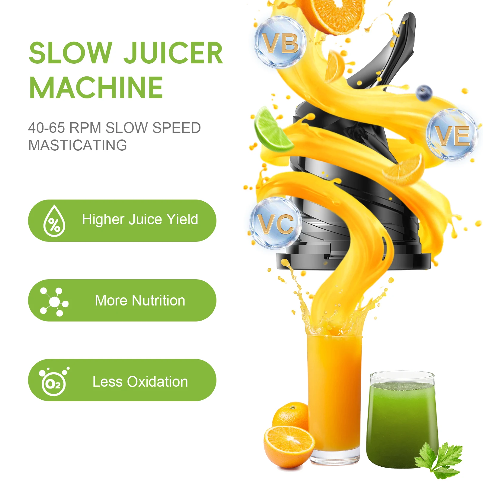 BioloMix Cold Press Juicer with 130mm Feed Chute Fit Whole Fruits & Vegetables High Juice Yield BPA FREE Slow Masticating Juicer fruit juicer juice blender juice maker blender