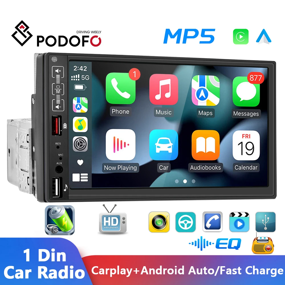 Podofo Car Radio1 Din  Auto radio 7"  LCD Touch Screen Multimedia Player Audio Stereo Bluetooth Car Audio Mirror-Link