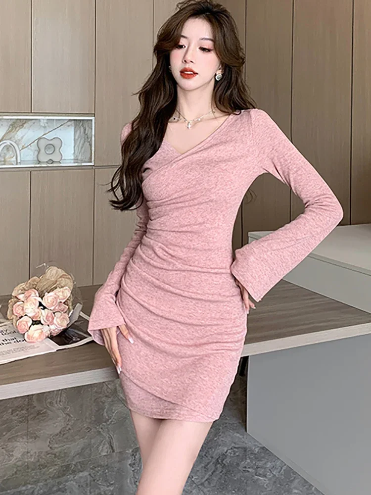 

2024 Pink Knitted Pleated Sexy Hip Wrap Dress Autumn Winter Elegant Bodycon Short Dress Women Korean Fashion Chic Party Vestidos