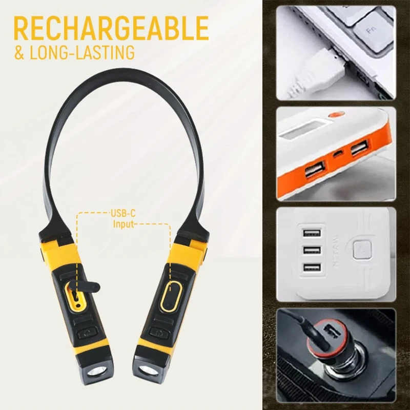Rechargeable LED Neck Light Book Light for Reading, 2 Brightness Levels, Bendable Arms - Ideal for Reading, Camping, Repairing
